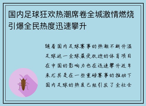国内足球狂欢热潮席卷全城激情燃烧引爆全民热度迅速攀升