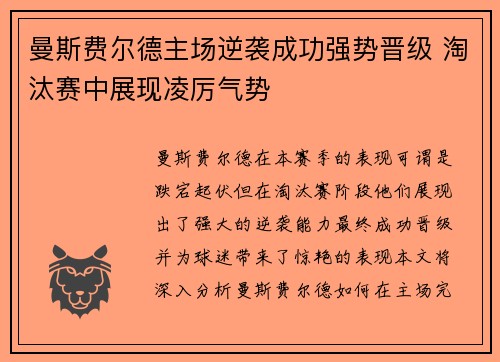 曼斯费尔德主场逆袭成功强势晋级 淘汰赛中展现凌厉气势