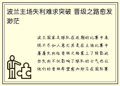 波兰主场失利难求突破 晋级之路愈发渺茫