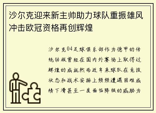 沙尔克迎来新主帅助力球队重振雄风冲击欧冠资格再创辉煌