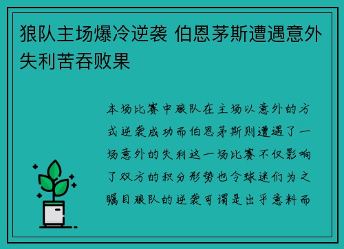 狼队主场爆冷逆袭 伯恩茅斯遭遇意外失利苦吞败果