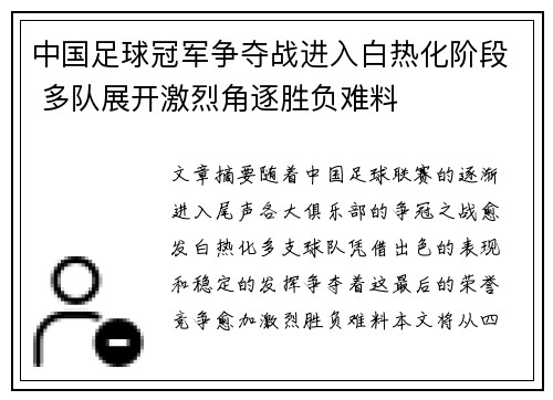 中国足球冠军争夺战进入白热化阶段 多队展开激烈角逐胜负难料