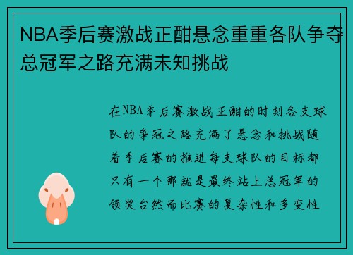 NBA季后赛激战正酣悬念重重各队争夺总冠军之路充满未知挑战
