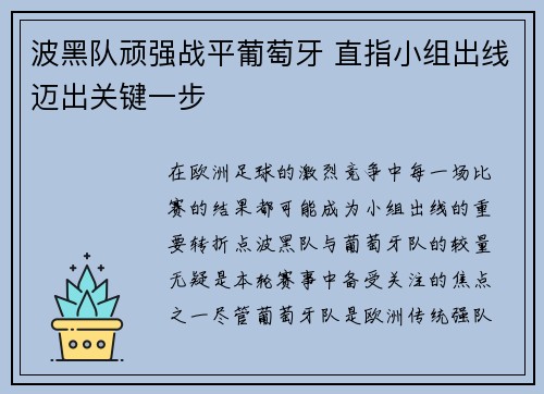 波黑队顽强战平葡萄牙 直指小组出线迈出关键一步