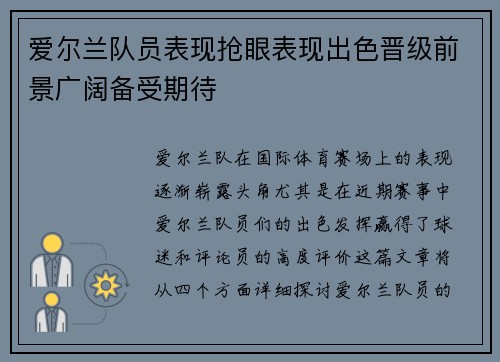 爱尔兰队员表现抢眼表现出色晋级前景广阔备受期待