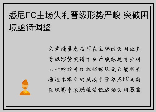 悉尼FC主场失利晋级形势严峻 突破困境亟待调整