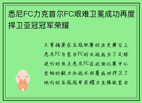 悉尼FC力克首尔FC艰难卫冕成功再度捍卫亚冠冠军荣耀